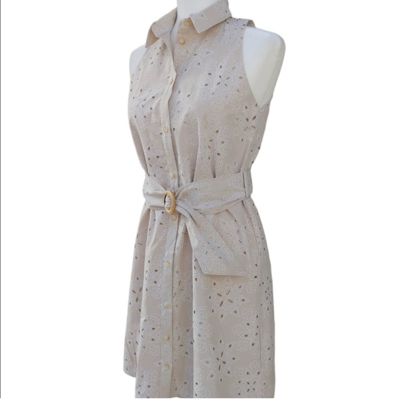 Zara Beige Cutwork Embroidered Sleeveless Belted Cotton Mini Shirt Dress Med NEW - Picture 3 of 12